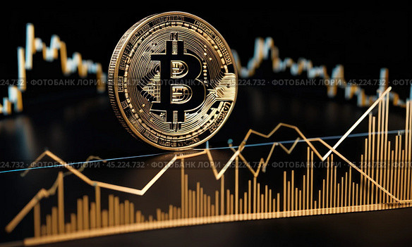 Bitcoin to the moon, bullish BTC, investment in BTC cryptocurrency increases high value, abstract, gold medal floating, candlestick graphs and bright green arrows on the back, AI. Стоковое AI-изображение, AI-художник Sergey Grishin / Фотобанк Лори