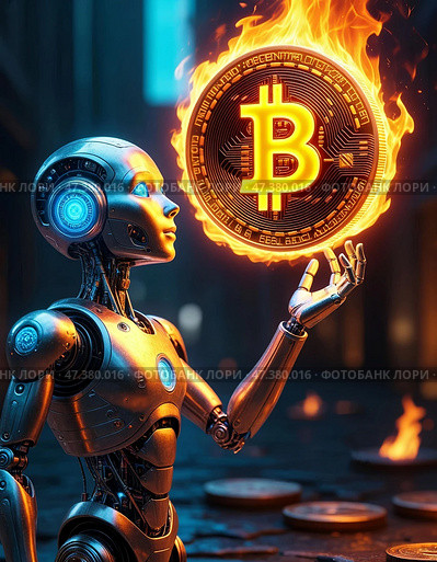 Биткоин. Электронные деньги. Робот держит биткойн-монету. Стоковое AI-изображение, AI-художник Руслан Лесков / Фотобанк Лори