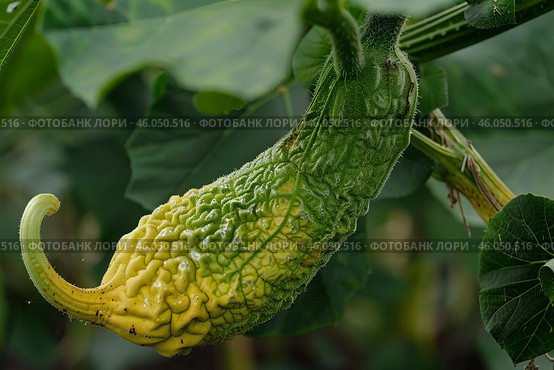 Bitter melon hanging on vine, growing in garden. Стоковое AI-изображение, AI-художник Иван Рябоконь / Фотобанк Лори