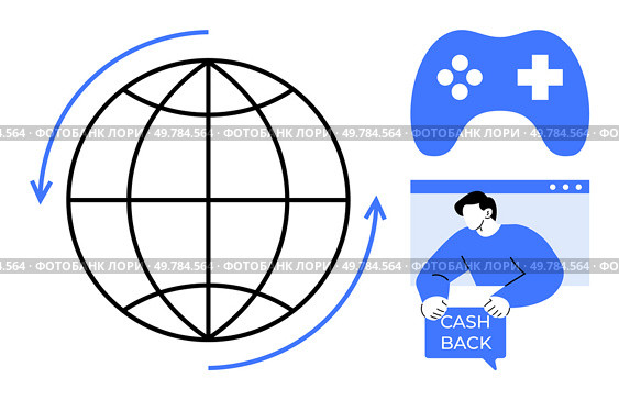 Black and blue illustration of a globe with arrows, game controller, and person holding a cashback sign. Ideal for global connectivity, online shopping, gaming, internet, and e-commerce. Simplistic. Global Connectivity Highlighted with Cashback and Gaming Consoles. Стоковая иллюстрация, агентство Ingram Publishing / Фотобанк Лори