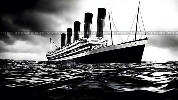 Black and white image of a cruise ship floating in the sea. Стоковое AI-изображение, AI-художник Дмитрий Нечаев / Фотобанк Лори