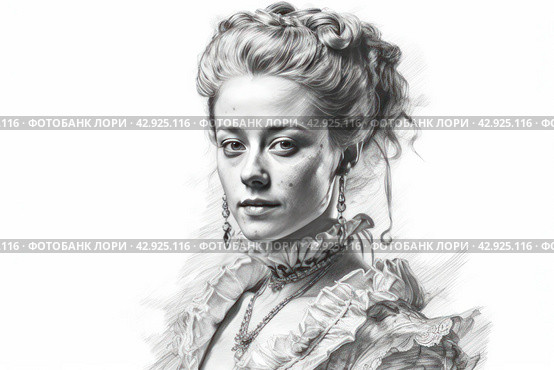 Black and white image of a woman in retro style, apparently from the Baroque or Rococo era. She wears a full dress with frills and a bow, indicating high social status in that era. Her hair is styled in a complex updo with curl. Стоковое AI-изображение, AI-художник Анна Кривицкая / Фотобанк Лори
