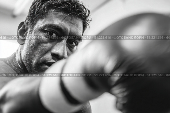 Black and white portrait depicting muscular boxer punching with intense concentration, revealing raw athletic power and unwavering commitment during rigorous training workout. Стоковое AI-изображение, AI-художник Юрий Поздников / Фотобанк Лори