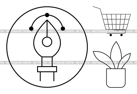 Black and white vector with a shopping cart, plant pot and pen tool symbol inside a circle. Ideal for graphic design, e-commerce, shopping apps, digital art, creative tools illustrations. Shopping Cart and Pen Tool in Circle with Plant Pot Drawing. Стоковая иллюстрация, агентство Ingram Publishing / Фотобанк Лори