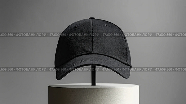 Black cap mockup displayed on a minimalistic stand in a modern setting. Черная крышка на минималистичной подставке в современном стиле. Стоковое AI-изображение, AI-художник Katsiaryna Repich / Фотобанк Лори