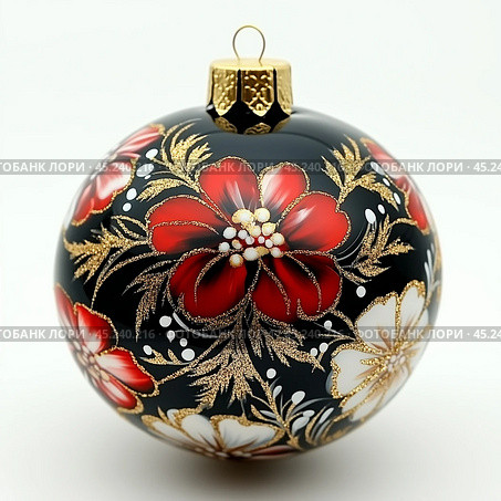 Black Christmas ball with red floral pattern highlighted on white background, hand painted. Стоковое AI-изображение, AI-художник Елена Зубкова / Фотобанк Лори