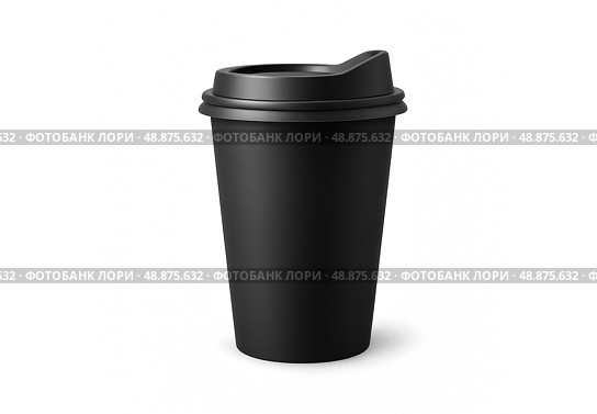 Black coffee cup with lid isolated on white background for branding, mug, takeaway beverage, eco lifestyle, modern drinkware, mockup template, advertising. Стоковое фото, фотограф Павел Муравьев / Фотобанк Лори