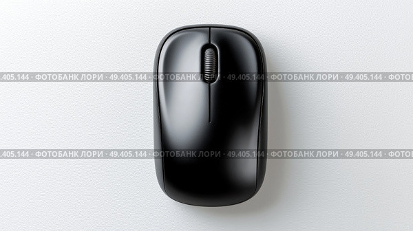 Black computer mouse on a white surface in a minimalistic setting. Черная компьютерная мышь на белой поверхности в минималистичном интерьере. Стоковое AI-изображение, AI-художник Katsiaryna Repich / Фотобанк Лори