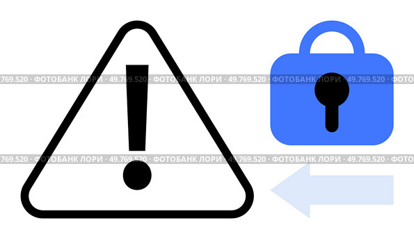 Black exclamation mark inside a triangle accompanied by a blue padlock and light blue left arrow. Ideal for security alerts privacy protection data safety access control and cautionary notices. Exclamation Warning Sign with Blue Lock Symbol and Left Arrow for Alert and Security. Стоковая иллюстрация, агентство Ingram Publishing / Фотобанк Лори