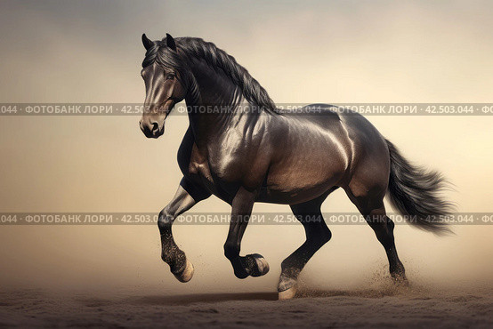 Black horse prancing. Generate AI. Стоковое AI-изображение, AI-художник Иван Рябоконь / Фотобанк Лори