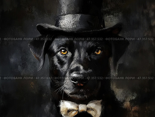 Black labrador dog portrait in top hat and The bow tie, serious look, angry. paint isolated black painted background. Стоковое AI-изображение, AI-художник Julia Shepeleva / Фотобанк Лори