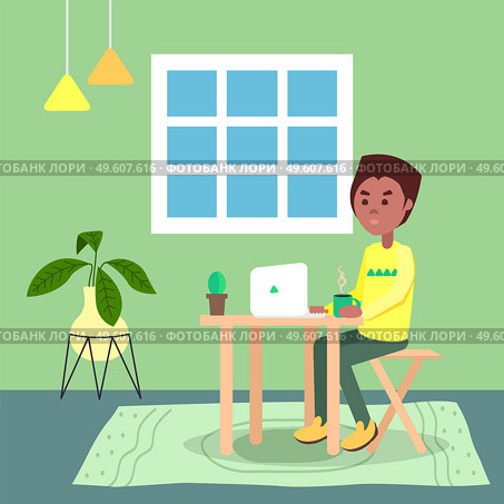 Black man with hot coffee on table sitting and using laptop. Quarantine distance work. Freelance work at home. Effectively organizing home time. Home office. Young guy working online, freelancer. Black man sitting at table using laptop, work at distance, remotely working, quarantine isolation. Стоковая иллюстрация, агентство Ingram Publishing / Фотобанк Лори