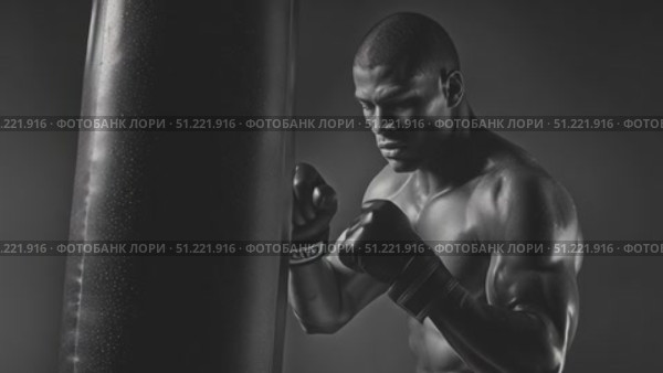 Black muscular boxer throwing powerful punches on heavy bag, monochrome image highlighting intense training, physical strength, and athletic determination. Стоковое AI-видео, аниматор Юрий Поздников / Фотобанк Лори