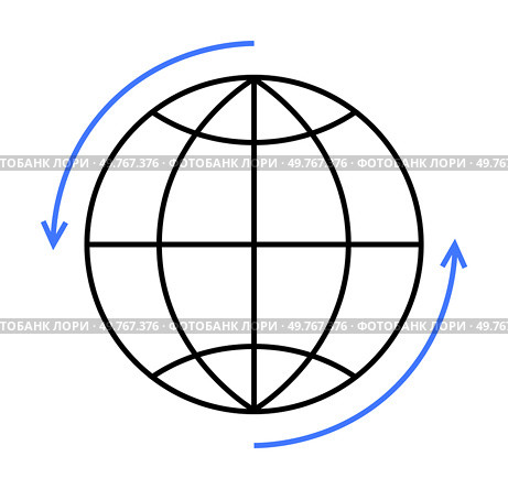 Black outline of the Earth with two blue arrows rotating around it, representing global connectivity. Ideal for themes international communication, travel, technology, networking, geography. Simple. Global Connectivity with Rotating Arrows Around Earth in Minimalist Vector Style. Стоковая иллюстрация, агентство Ingram Publishing / Фотобанк Лори