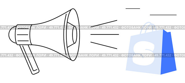 Black outlined megaphone with sound waves directed towards a blue shopping bag. Ideal for advertising, marketing strategies, online shopping promotions, e-commerce, and retail advertising campaigns. Announcement Through Megaphone Directing Attention to Shopping Bag. Стоковая иллюстрация, агентство Ingram Publishing / Фотобанк Лори