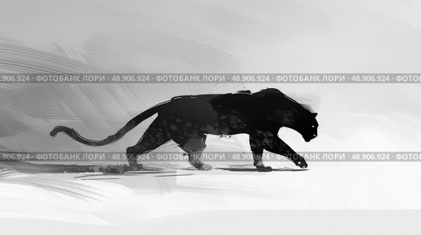 Black panther in full stride, captured in black and white, showcasing its powerful running movement. Стоковое AI-изображение, AI-художник Данила Большаков / Фотобанк Лори