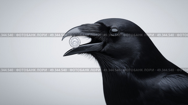 Black raven holding a sparkling diamond in its beak against a light background. Стоковое AI-изображение, AI-художник Katsiaryna Repich / Фотобанк Лори