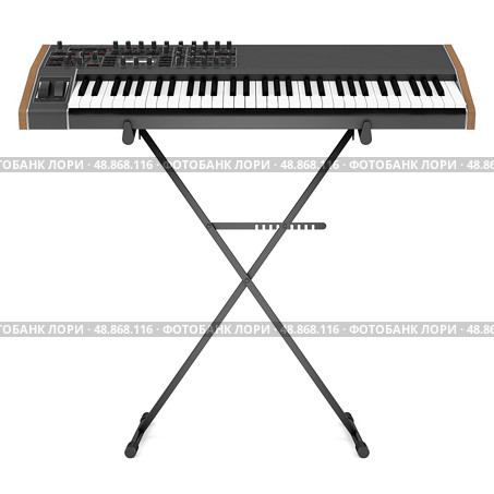 black synthesizer on stand isolated on white background. Стоковое фото, агентство Ingram Publishing / Фотобанк Лори