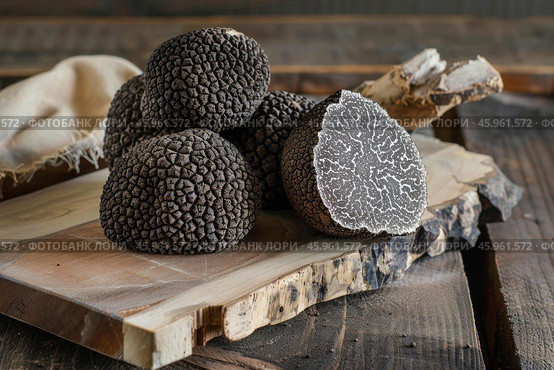 Black truffles showing cross section on rustic wooden board. Стоковое AI-изображение, AI-художник Иван Рябоконь / Фотобанк Лори