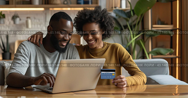 Black young spouses are engaged in online shopping at home. The concept of convenient shopping. Стоковое AI-изображение, AI-художник Ярославский Максим / Фотобанк Лори