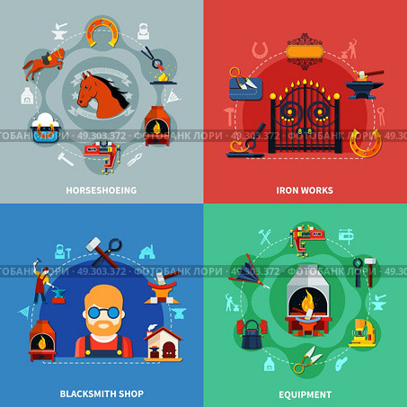 Blacksmith Design Concept Set. Blacksmith design concept set of four colorful iron works compositions with doodle icons of horseshoeing equipment vector illustration. Стоковая иллюстрация, агентство Ingram Publishing / Фотобанк Лори
