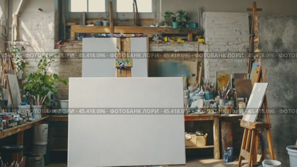 Blank canvas stands on easel in sunny art studio, brushes, paints and artwork surround it. Стоковое AI-видео, аниматор Юрий Поздников / Фотобанк Лори