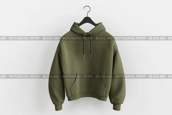 Blank khaki green hoodie sweatshirt long sleeve hanging on simple hook against a white wall. Hoody with hood. Design, print mockup. Template sport clothes. Front view. Gender neutral. Brand, logo. Стоковое AI-изображение, AI-художник Марина Демидюк / Фотобанк Лори