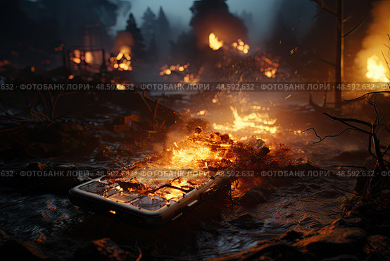 Blazing fire rages in heart of a lush forest, casting an ominous glow on the surrounding trees and undergrowth. Стоковое AI-изображение, AI-художник Данила Большаков / Фотобанк Лори