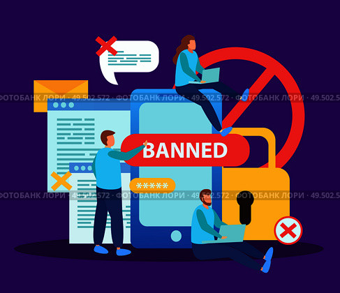 Blocking social media internet users for content flat composition with smartphone lock banned messages bubbles vector illustration. Стоковая иллюстрация, агентство Ingram Publishing / Фотобанк Лори