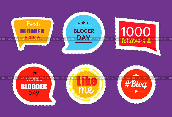 Blogger day and followers statistics isolated stickers vector. Profile of user, like me patch, stars lines. Chatting box and thought bubbles with text. Blogger Day Followers Statistics Stickers Vector. Стоковая иллюстрация, агентство Ingram Publishing / Фотобанк Лори