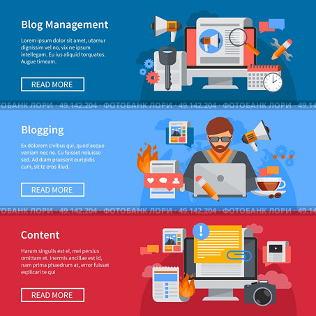 Blogging Flat Banners. Horizontal blogging and blog management flat banners with blogger sharing content isolated vector illustration. Стоковая иллюстрация, агентство Ingram Publishing / Фотобанк Лори