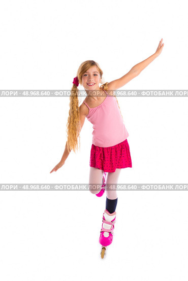 blond pigtails roller skate girl full length dancing balance on white background. Стоковое фото, агентство Ingram Publishing / Фотобанк Лори