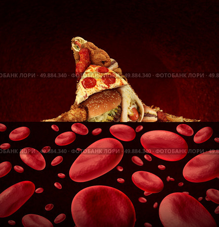 Blood disease risk medical concept as a group of greasy junk food shaped as the dorsal fin of a dangerous shark swimming in a pool of blood cells as a symbol of the hazards to the coronary and cardiovascular system by high cholesterol and unhealthy diet. Стоковое фото, агентство Ingram Publishing / Фотобанк Лори