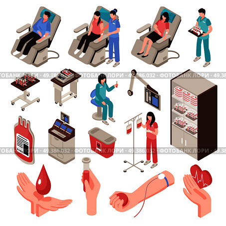 Blood donor in chair professional staff and medical equipment set of isometric icons isolated vector illustration . Blood Donor Isometric Set. Стоковая иллюстрация, агентство Ingram Publishing / Фотобанк Лори