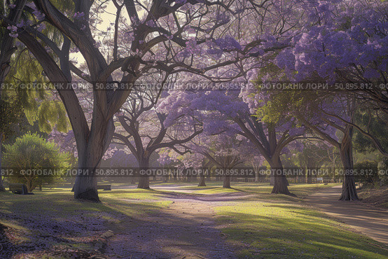 Blooming jacaranda trees creating a purple canopy in a serene park. Стоковое AI-изображение, AI-художник Иван Рябоконь / Фотобанк Лори