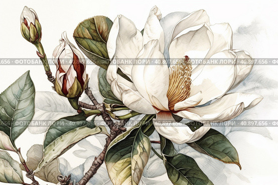 Blooming white magnolia isolated on white background, watercolor painting , Generative AI. Стоковое AI-изображение, AI-художник Анна Кривицкая / Фотобанк Лори