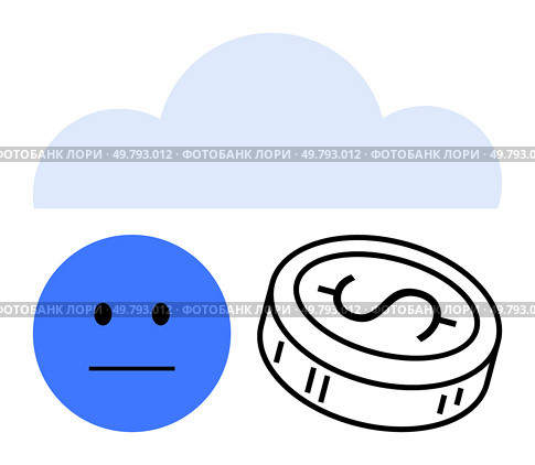 Blue cloud, sad face, and coin creating a concept of financial troubles and economic downturn. Ideal for financial struggle, online banking risk, economic crisis, saving challenges, financial. Cloud icon with a sad face emotion and a coin symbol representing financial challenges and uncertainty. Стоковая иллюстрация, агентство Ingram Publishing / Фотобанк Лори