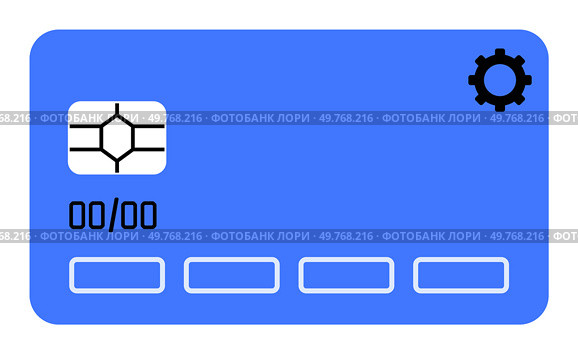 Blue credit card with a futuristic design featuring a chip, cogwheel, date placeholder, and customizable text lines. Ideal for financial services, banking, technology, marketing materials, and app int. Blue credit card with chip, cogwheel, and patterned front design. Includes lines for customizable text. Стоковая иллюстрация, агентство Ingram Publishing / Фотобанк Лори