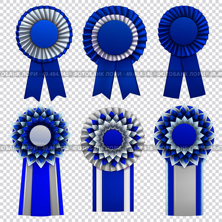 Blue decorative medal awards circulair rosettes badges lapel pins with ribbons realistic set transparent background vector illustration. Стоковая иллюстрация, агентство Ingram Publishing / Фотобанк Лори