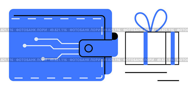 Blue digital wallet with electronic circuitry next to a gift box with a bow. Ideal for fintech, online shopping, digital gifts, e-commerce, cryptocurrency, tech innovation, finance. Line metaphor. Digital Wallet with Circuitry and Gift Box Emphasizing Modern Financial Technology and Gifting. Стоковая иллюстрация, агентство Ingram Publishing / Фотобанк Лори