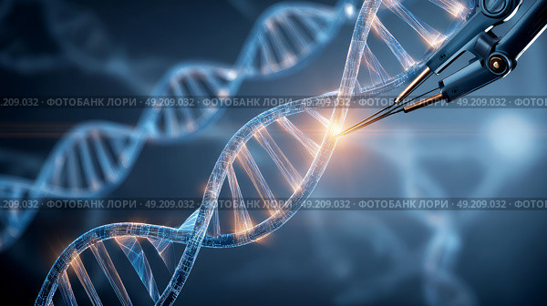 Blue DNA double helix with water molecule blue background. Human genetic research DNA, laboratory environment. Abstract image of human genetics, which glowing DNA strands merge with digital elements. Стоковое AI-изображение, AI-художник ALLA YURTAYEVA / Фотобанк Лори