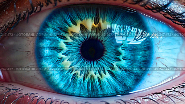 Blue eyes in macro photography. Enlarged photo of the light shell of the eye. The entire shape of the pupil's circumference. Стоковое AI-изображение, AI-художник Антон Слабоспицкий / Фотобанк Лори