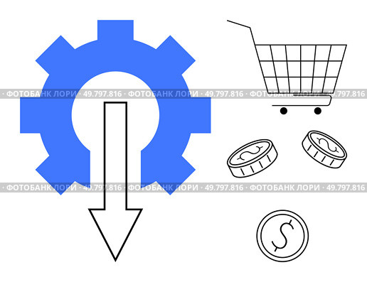 Blue gear, downward arrow, shopping cart, and coins. Ideal for economic efficiency, budget management, e-commerce, cost reduction, financial planning. Simple vector style emphasizes importance of. Economic Efficiency and Budget Management in E-commerce Platforms. Стоковая иллюстрация, агентство Ingram Publishing / Фотобанк Лори