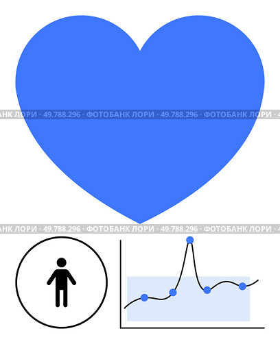 Blue heart human silhouette trajectory graph. Ideal for health, wellness, vitality, analytics, data tracking, medical insights, life sciences. Line metaphor. Heart Health Understanding the Human Element and Tracking Vital Signs. Стоковая иллюстрация, агентство Ingram Publishing / Фотобанк Лори