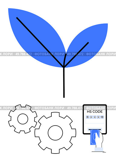 Blue leaf sprouting from minimalistic line, three gears representing collaboration, hand interacting with a touchscreen displaying HS code. Ideal for sustainability, technology, innovation, industry. Modern integration of eco-friendly technology and digital automation concepts. Стоковая иллюстрация, агентство Ingram Publishing / Фотобанк Лори