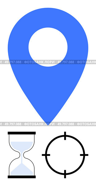 Blue location pin, black and white hourglass, and targeting reticle symbol. Ideal for navigation, time management, accuracy, location tracking, goal setting deadlines project planning. Line. Location marker, hourglass, and target symbols for time and precision. Стоковая иллюстрация, агентство Ingram Publishing / Фотобанк Лори