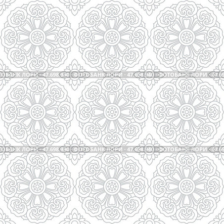 Blue Ornamental Seamless Pattern with Buddhist Wheel of Samsara and Azulejo Tile Motifs. Стоковая иллюстрация, иллюстратор Пискунова Марина / Фотобанк Лори