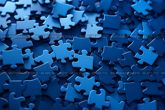 Blue puzzle pieces forming a complex and intriguing background design. Стоковое AI-изображение, AI-художник Иван Рябоконь / Фотобанк Лори