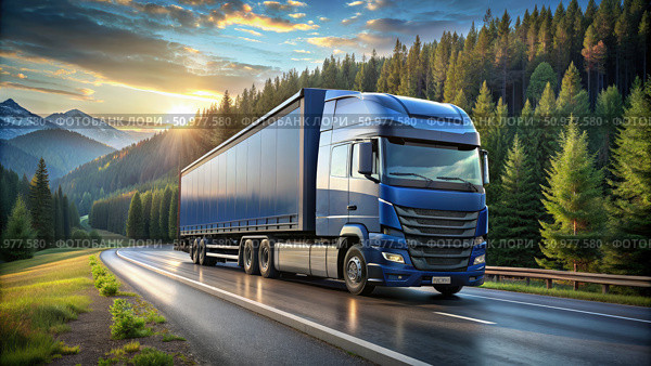 Blue Semi-Truck Driving Through Mountain Pass at Sunset. Generative AI. Стоковое AI-изображение, AI-художник Roman Zavorotny / Фотобанк Лори