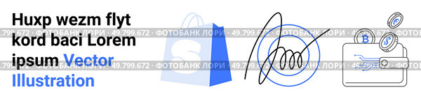 Blue shopping bag, digital signature, and wallet with coins. Ideal for e-commerce, online shopping, digital transactions, secure payments, fintech. Landing page. E-commerce and Digital Solutions with Online Shopping Bag, Signature, and Digital Wallet. Стоковая иллюстрация, агентство Ingram Publishing / Фотобанк Лори